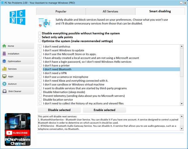Smart services disabling